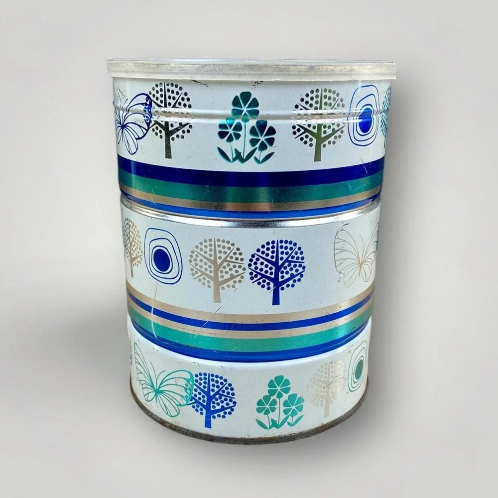 Vintage Coffee Tin Butterflies Trees Retro Graphics Blue Silver White Décor